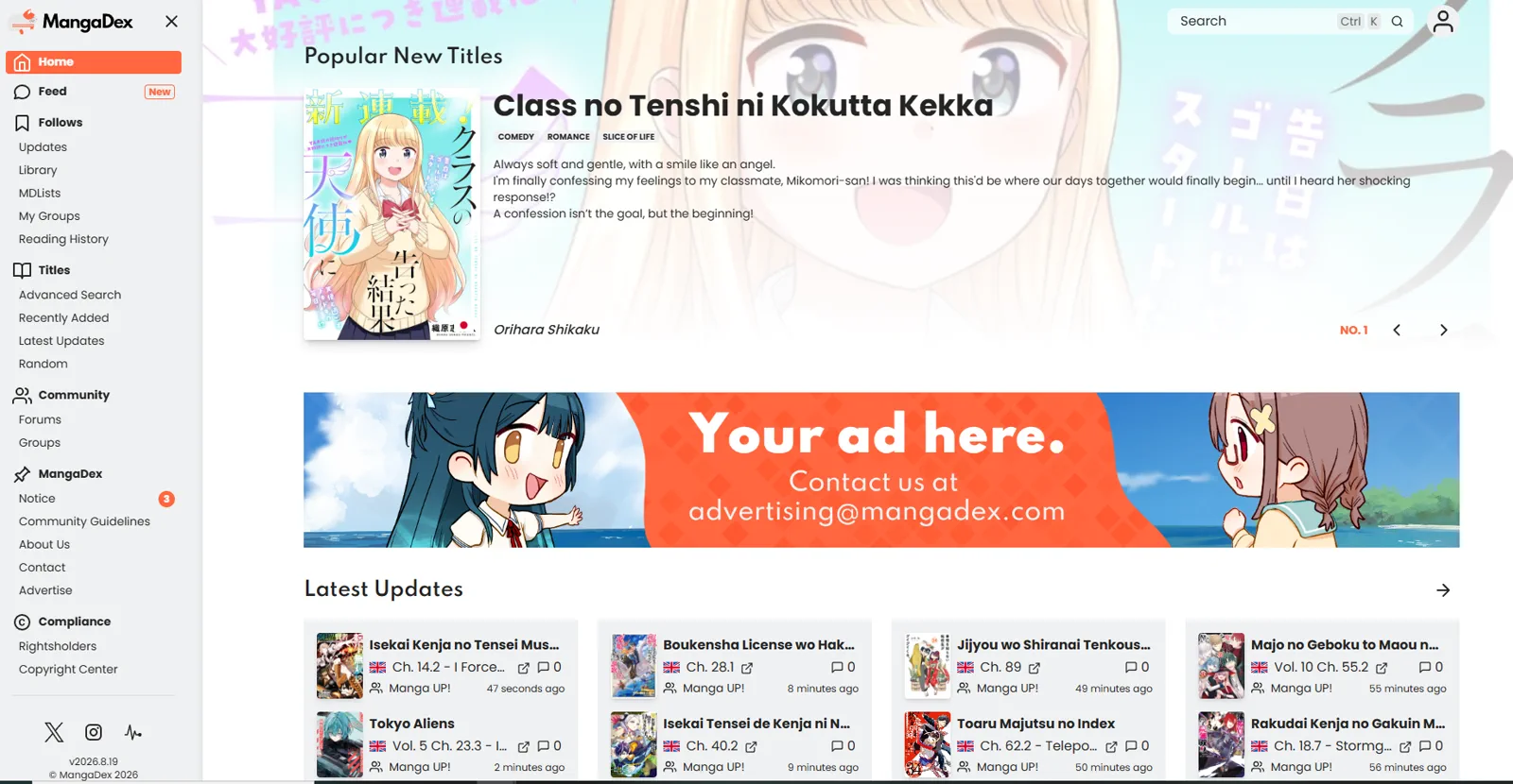 Manga reader home page showing popular new titles and latest updates