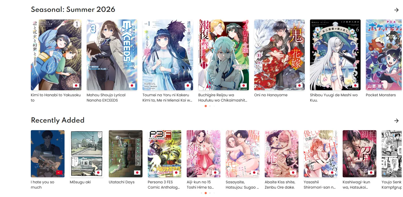 Manga reader seasonal and recently added title lists